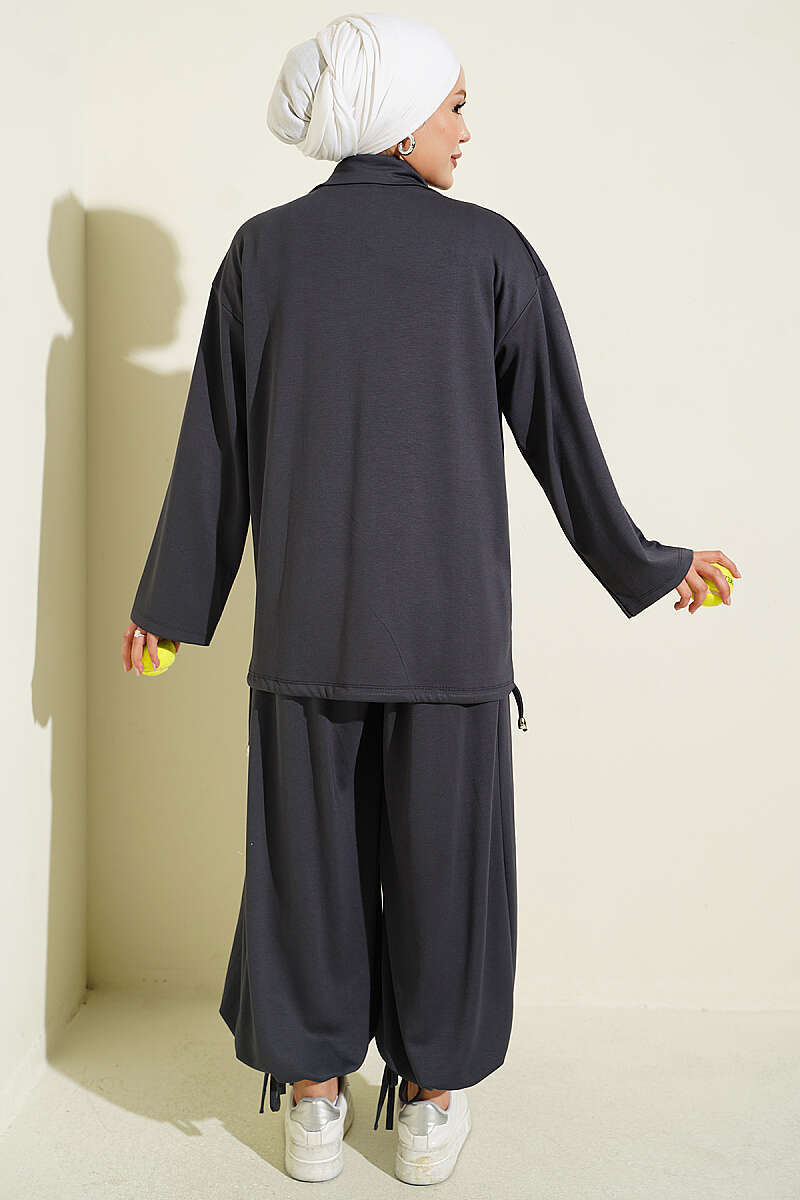 Zip-Up Two-Piece Set with Harem Pants - Smoke Grey