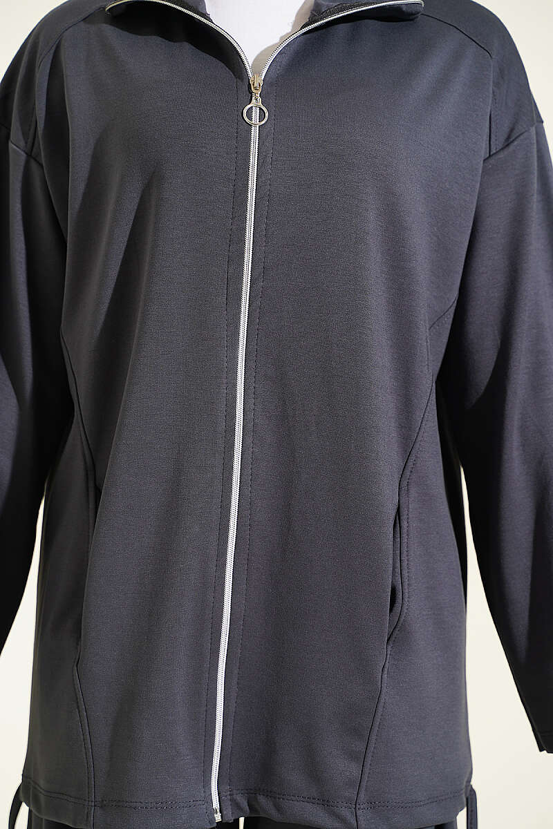Zip-Up Two-Piece Set with Harem Pants - Smoke Grey