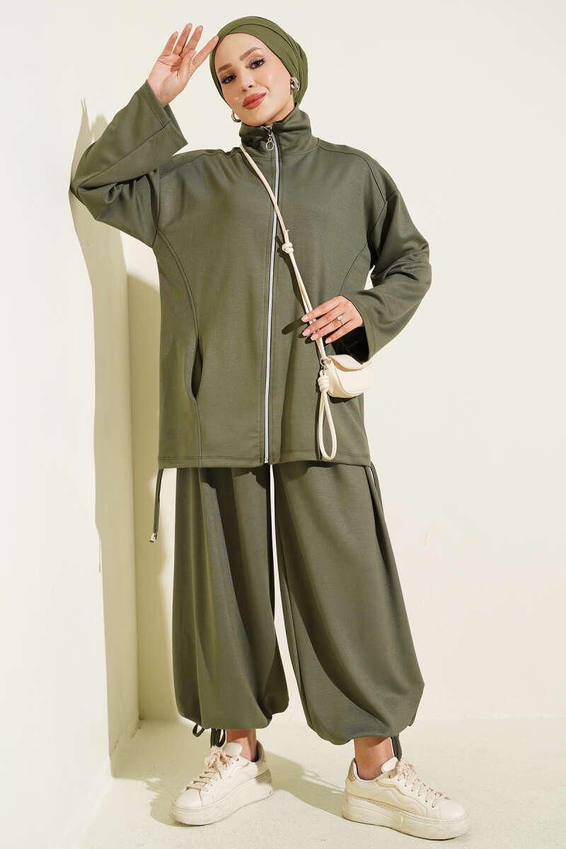 Zip-Up Two-Piece Set with Harem Pants - Khaki