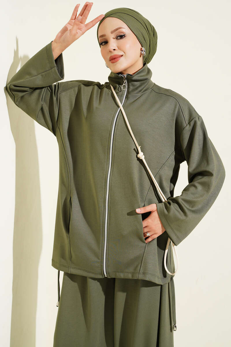 Zip-Up Two-Piece Set with Harem Pants - Khaki