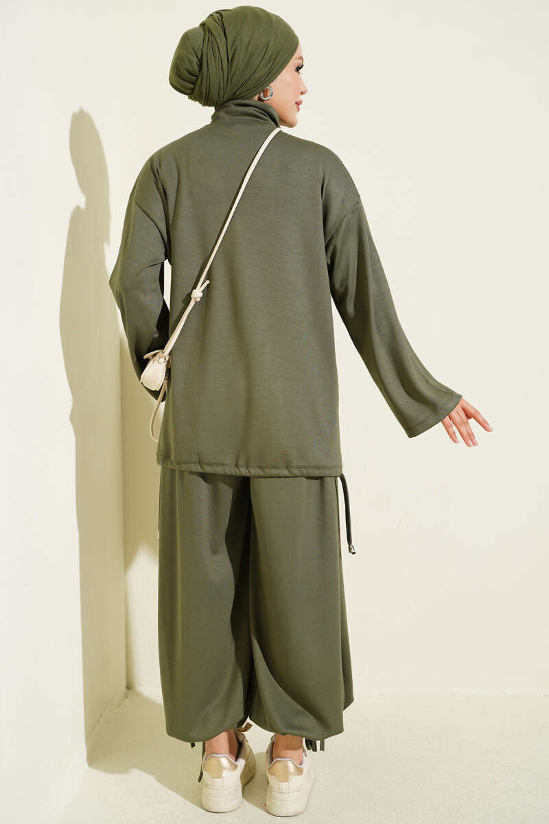 Zip-Up Two-Piece Set with Harem Pants - Khaki