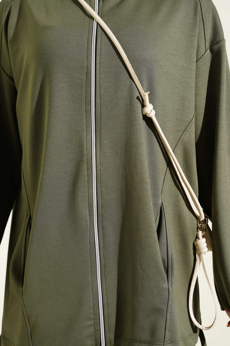 Zip-Up Two-Piece Set with Harem Pants - Khaki