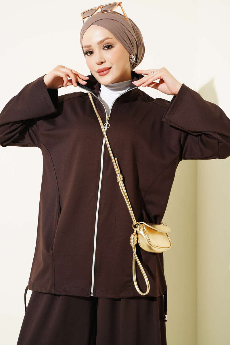 Zip-Up Two-Piece Set with Harem Pants - Brown