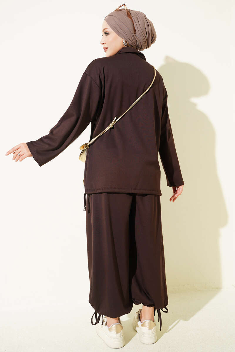Zip-Up Two-Piece Set with Harem Pants - Brown