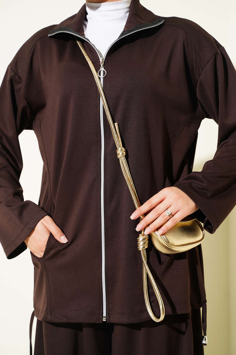 Zip-Up Two-Piece Set with Harem Pants - Brown