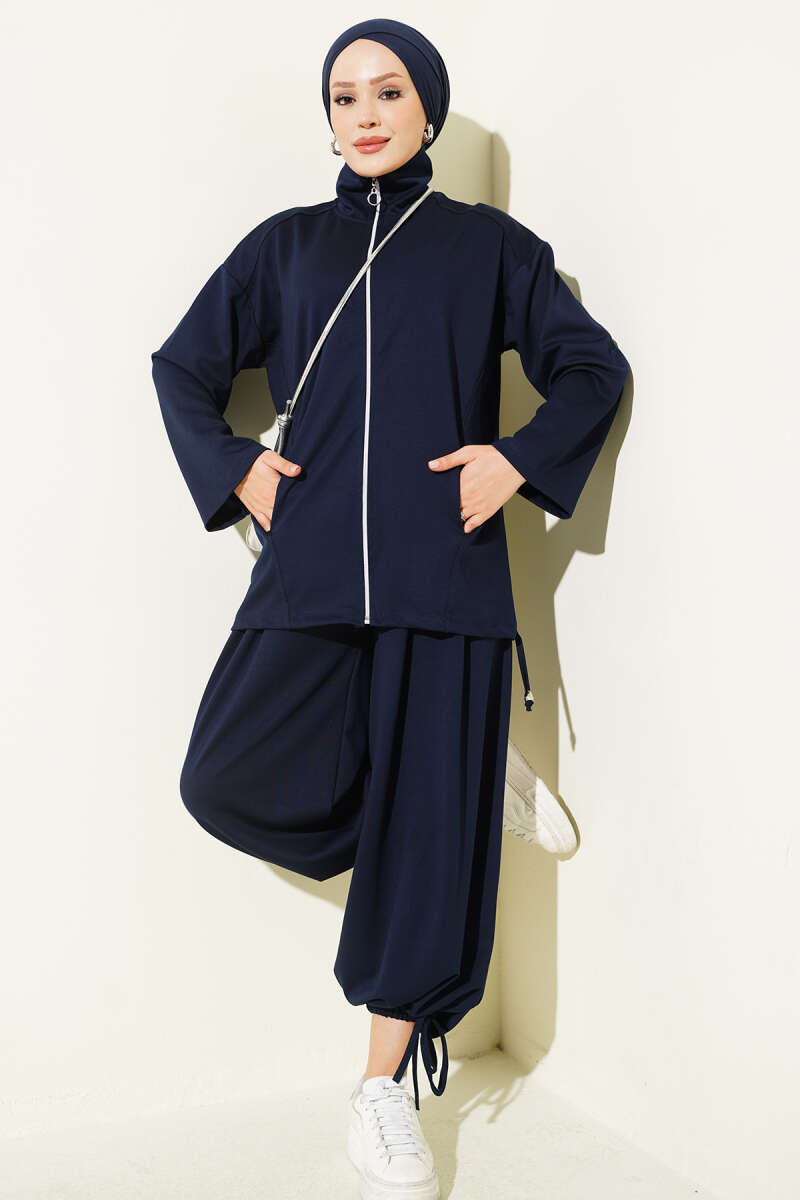 Zip-Up Two-Piece Set with Harem Pants - Navy