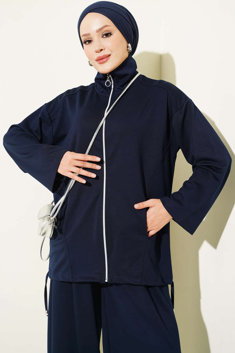 Zip-Up Two-Piece Set with Harem Pants - Navy