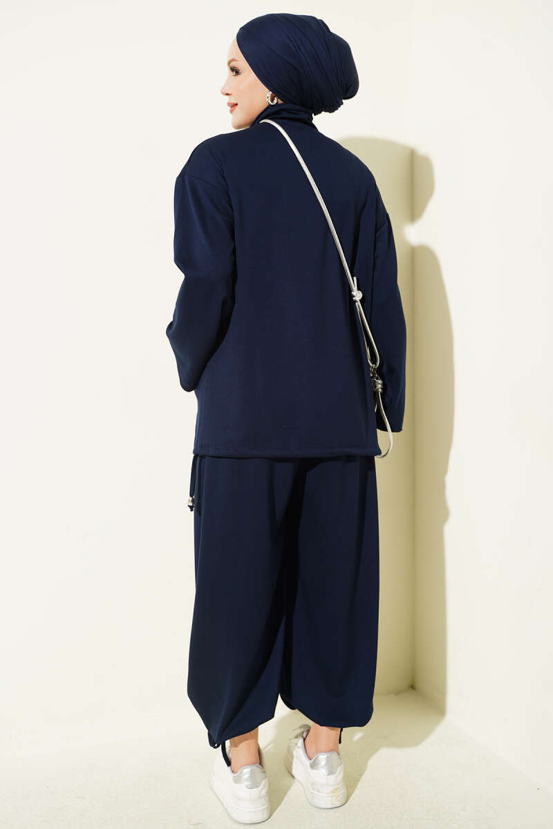 Zip-Up Two-Piece Set with Harem Pants - Navy