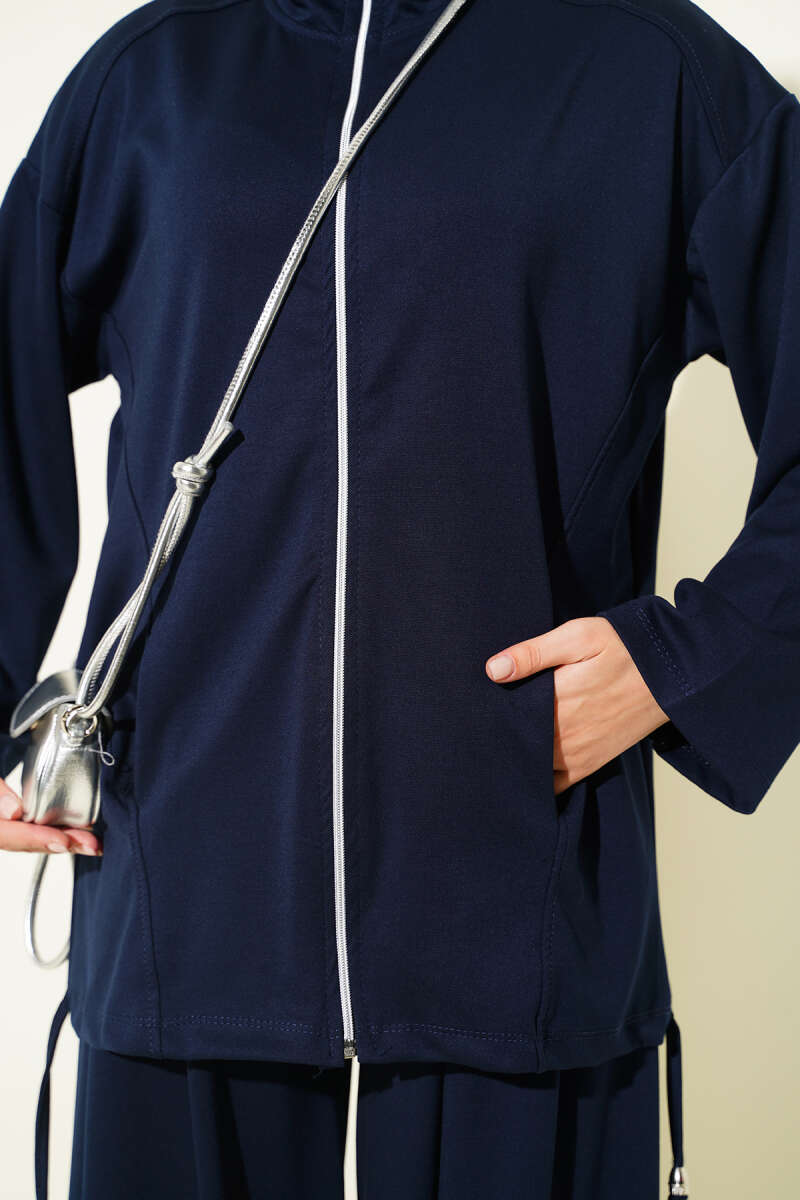 Zip-Up Two-Piece Set with Harem Pants - Navy