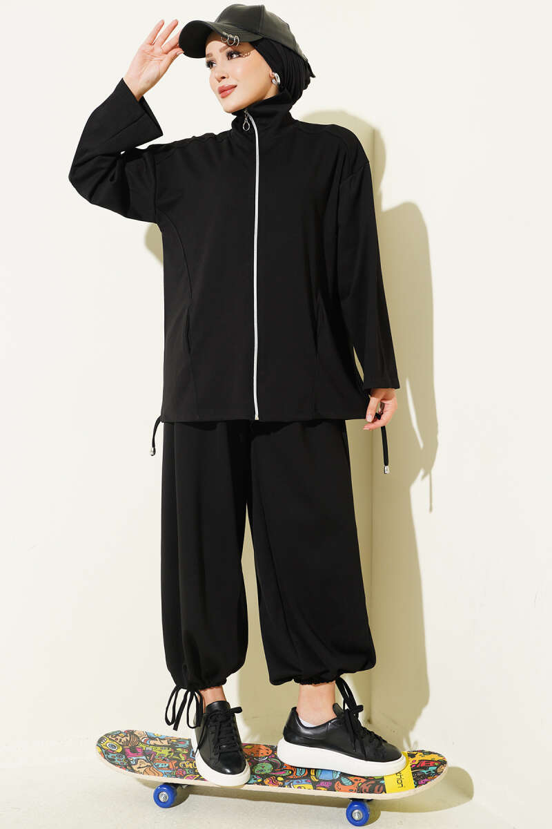 Zip-Up Two-Piece Set with Harem Pants - Black