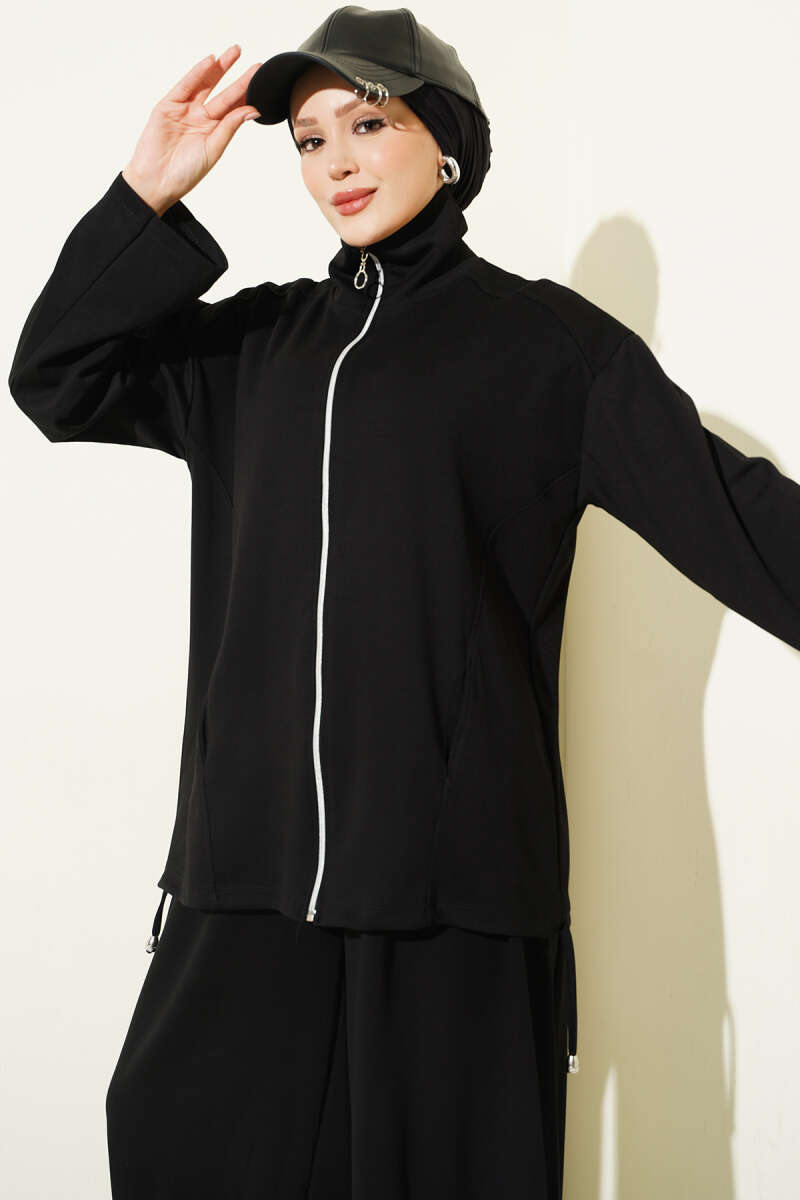 Zip-Up Two-Piece Set with Harem Pants - Black