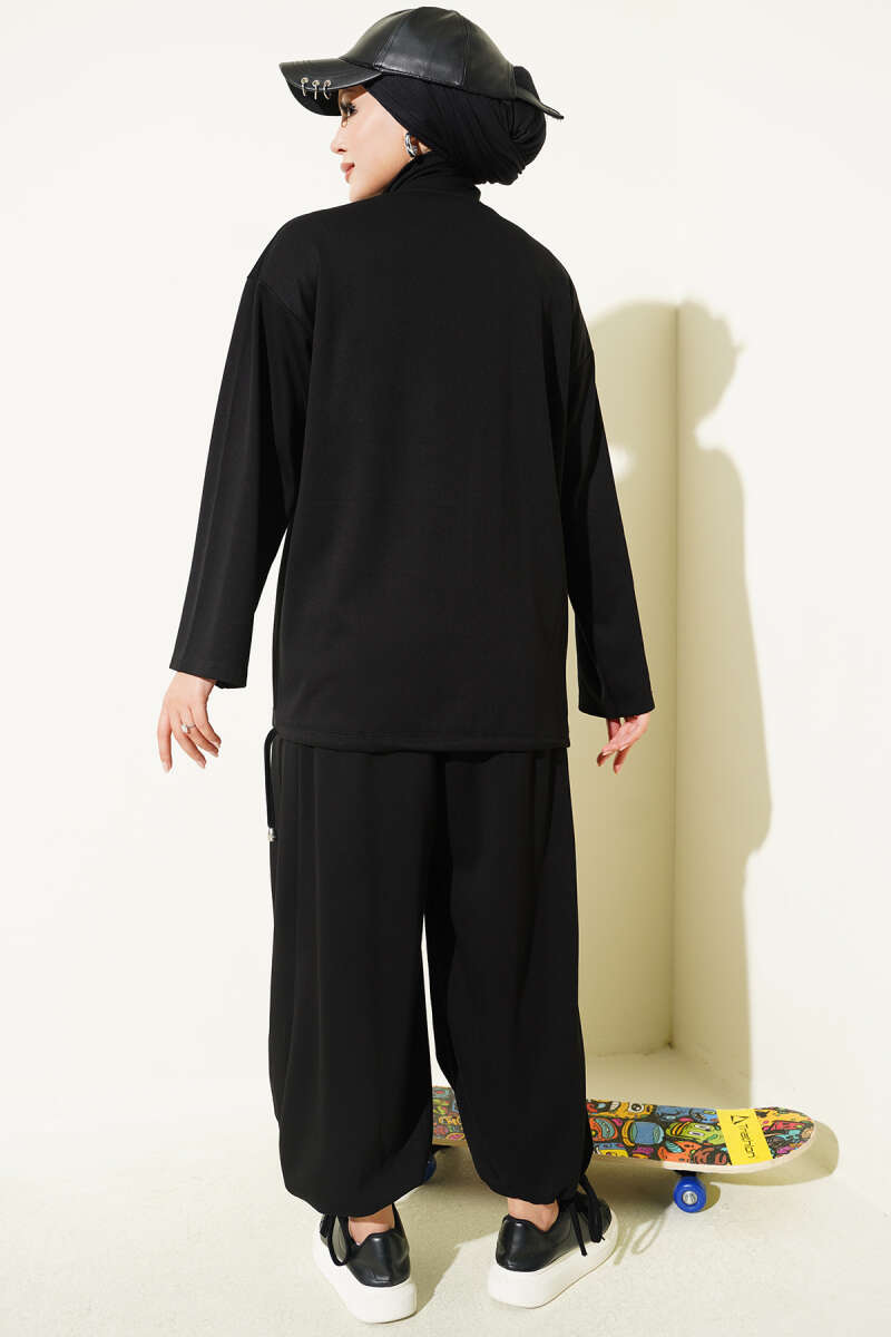 Zip-Up Two-Piece Set with Harem Pants - Black