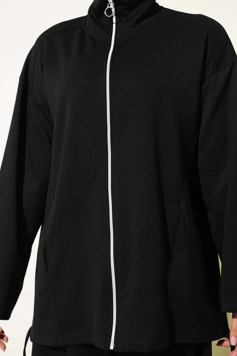 Zip-Up Two-Piece Set with Harem Pants - Black