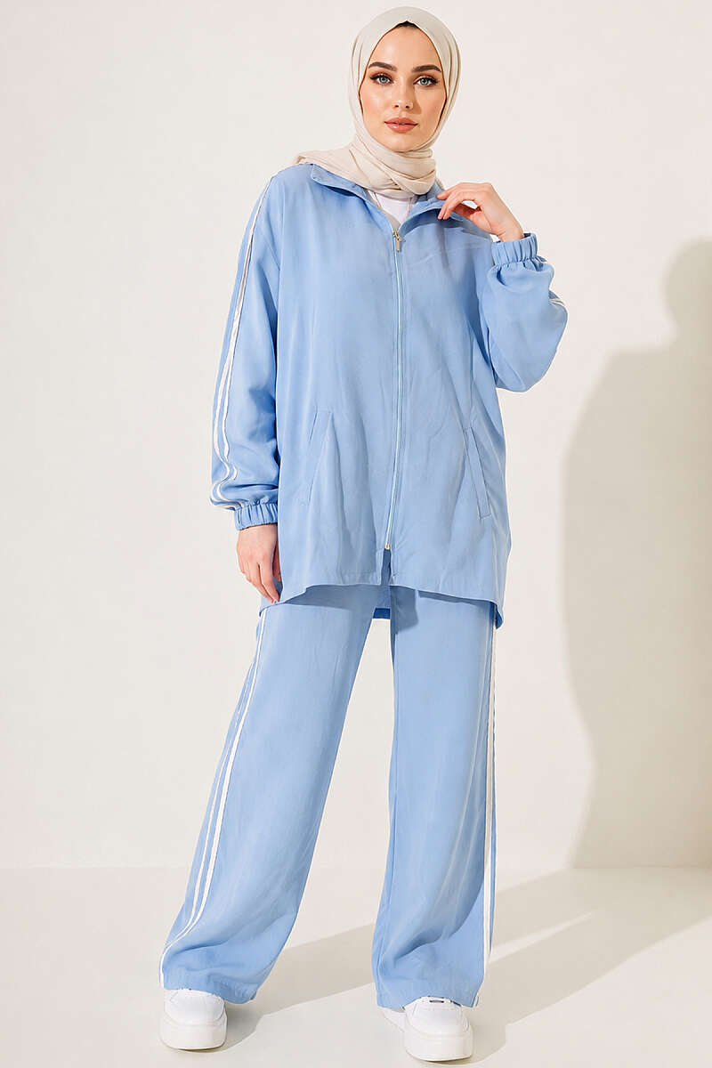 Zip-Up Two-Piece Set with Stripe Detail - Blue