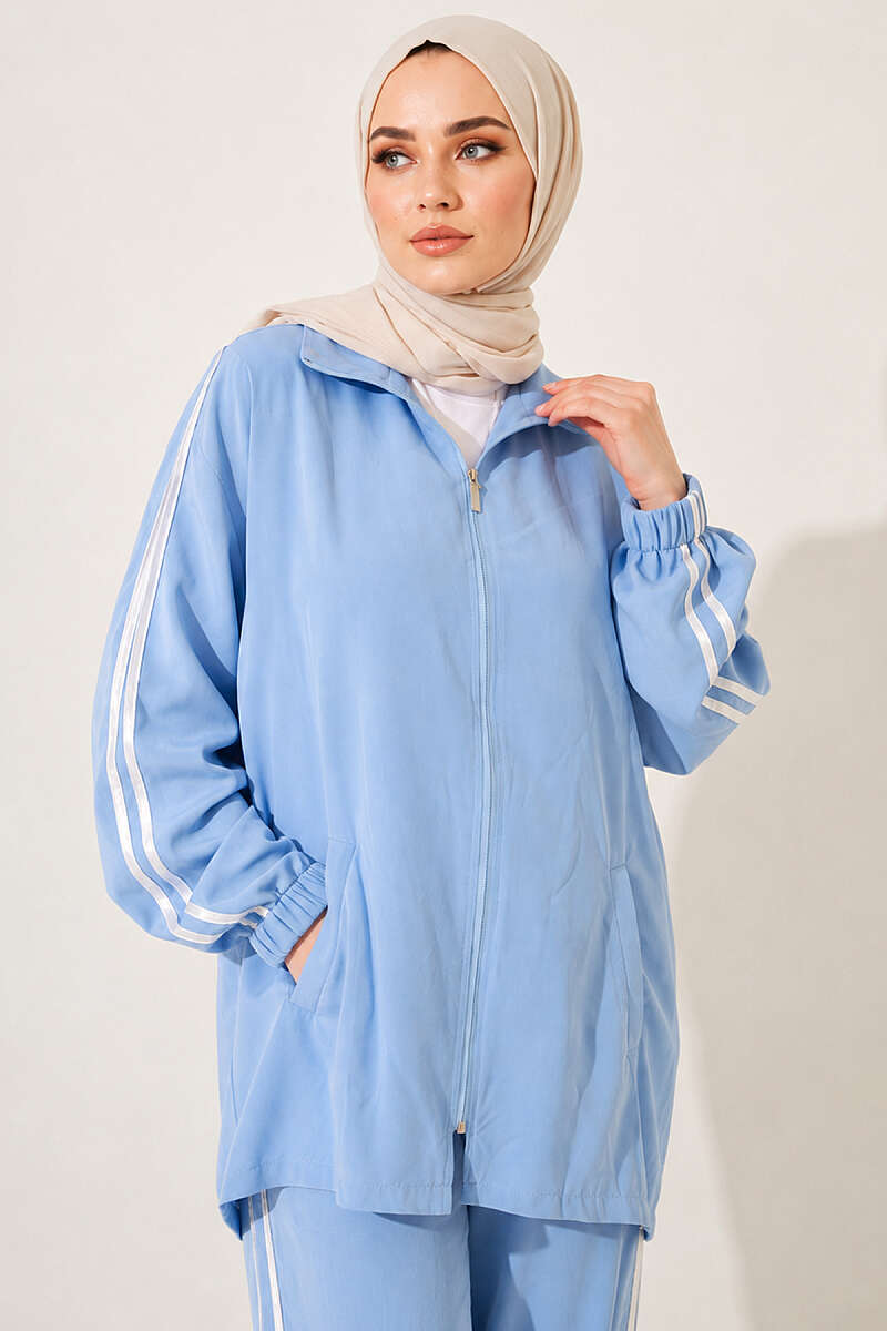 Zip-Up Two-Piece Set with Stripe Detail - Blue