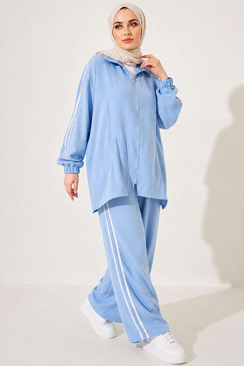 Zip-Up Two-Piece Set with Stripe Detail - Blue