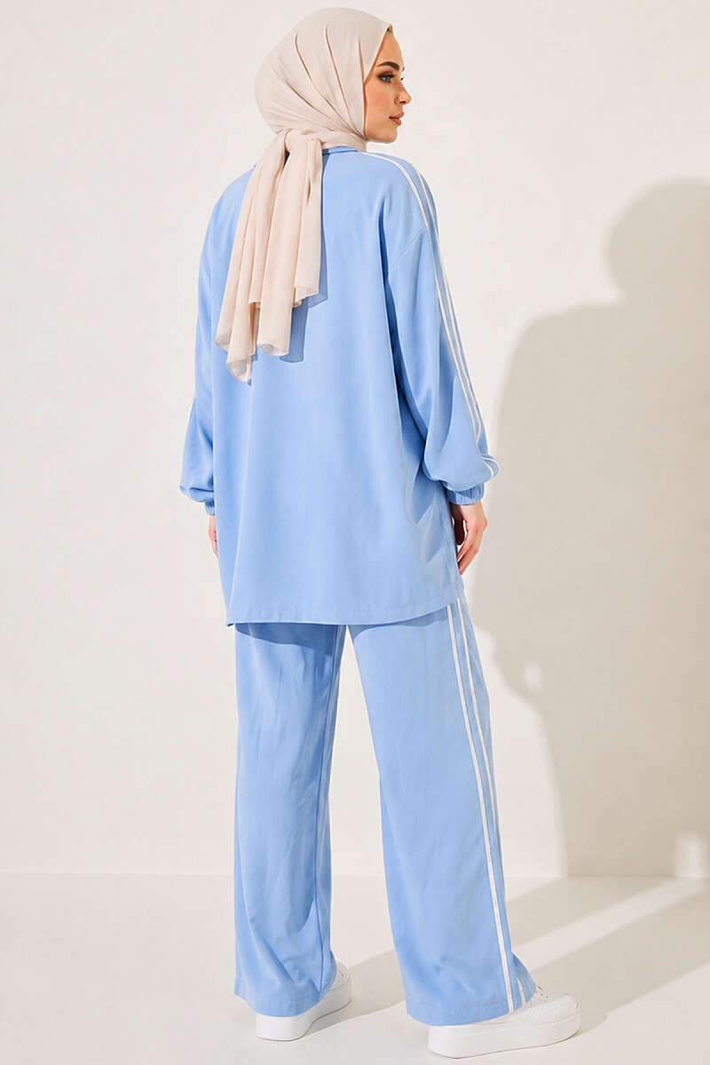 Zip-Up Two-Piece Set with Stripe Detail - Blue