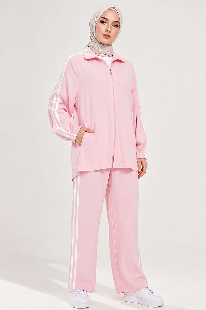 Zip-Up Two-Piece Set with Stripe Detail - Pink