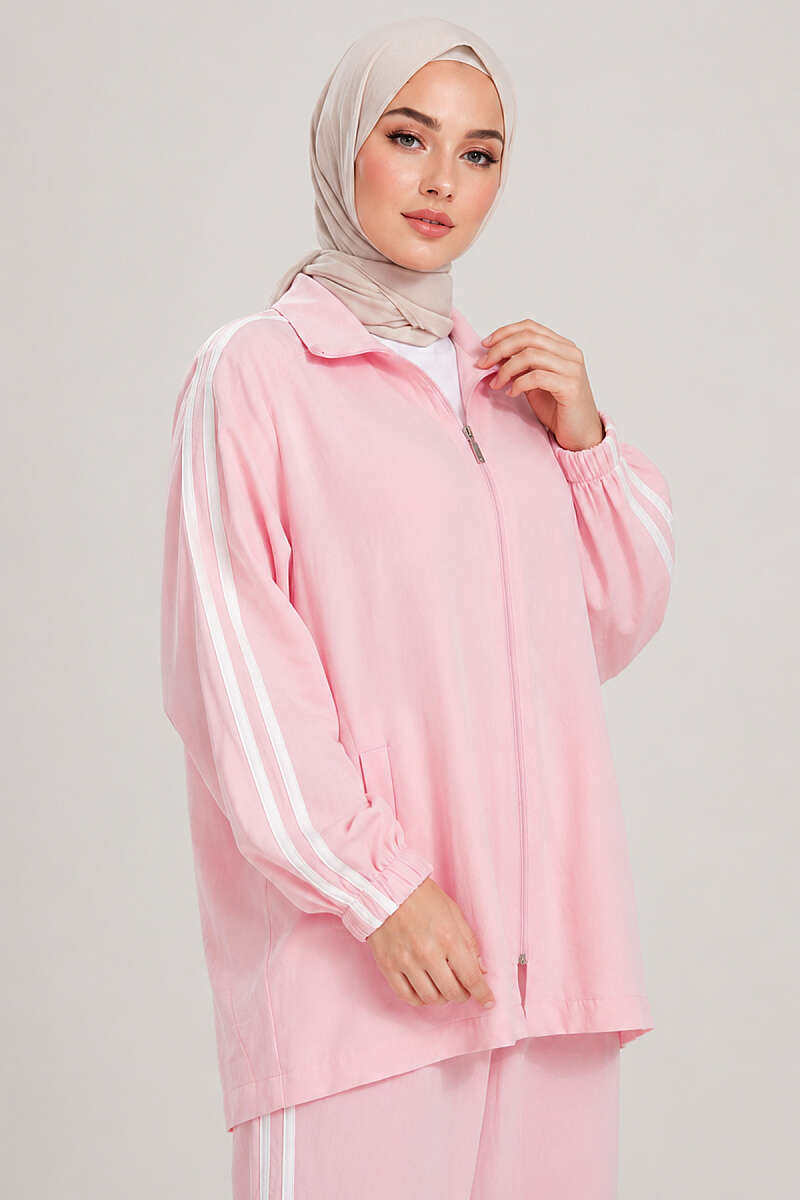 Zip-Up Two-Piece Set with Stripe Detail - Pink