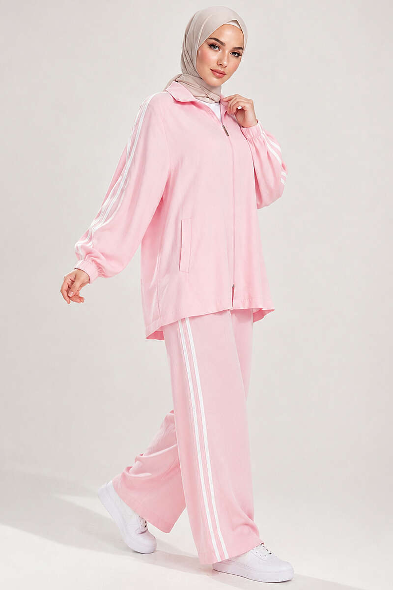 Zip-Up Two-Piece Set with Stripe Detail - Pink