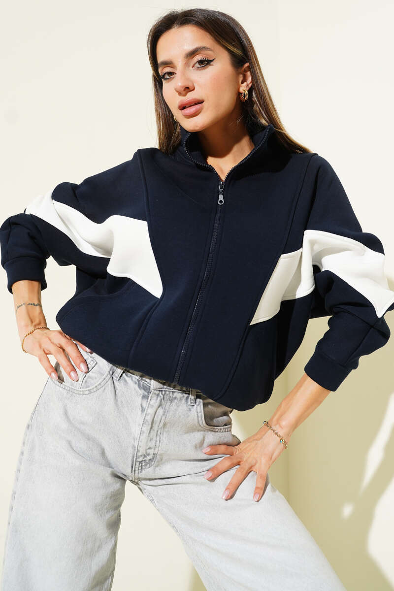 Brushed Zip Cardigan with Stripe Trim - Navy