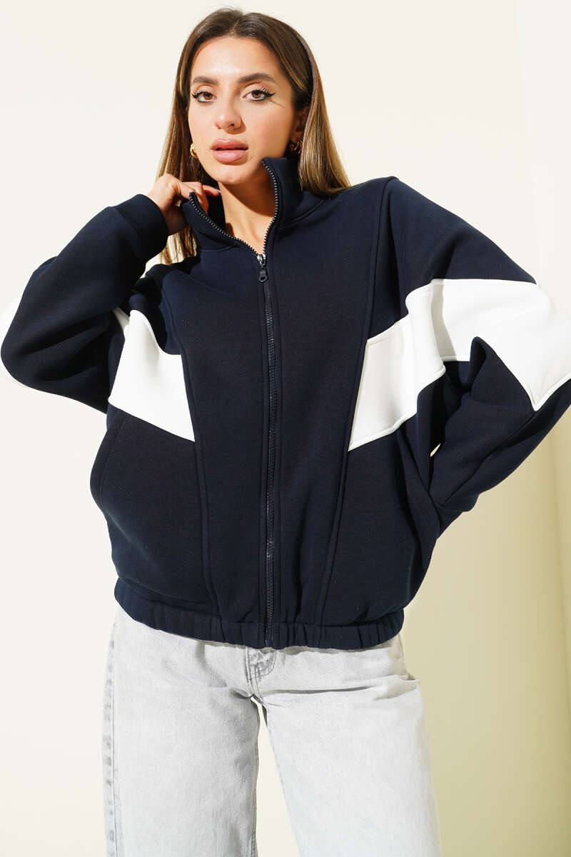 Brushed Zip Cardigan with Stripe Trim - Navy