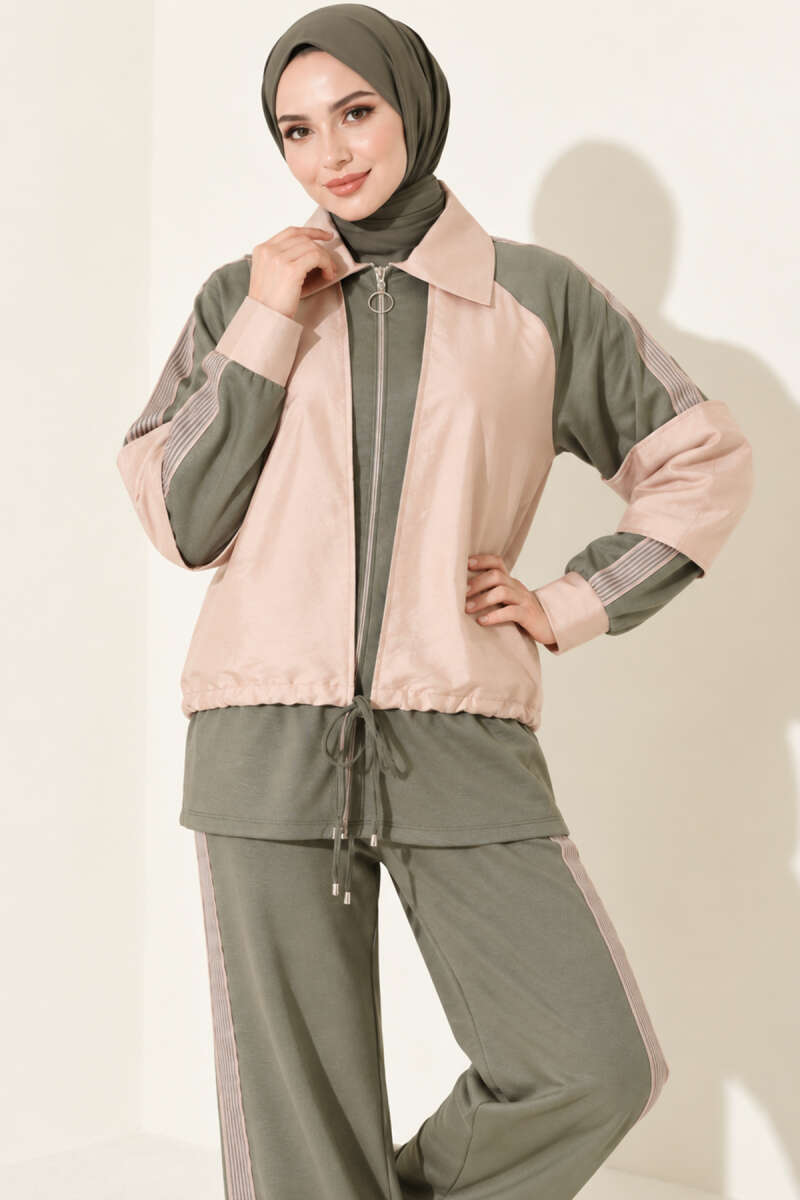 Zip-Up Two-Piece Set with Stripe Trim - Khaki