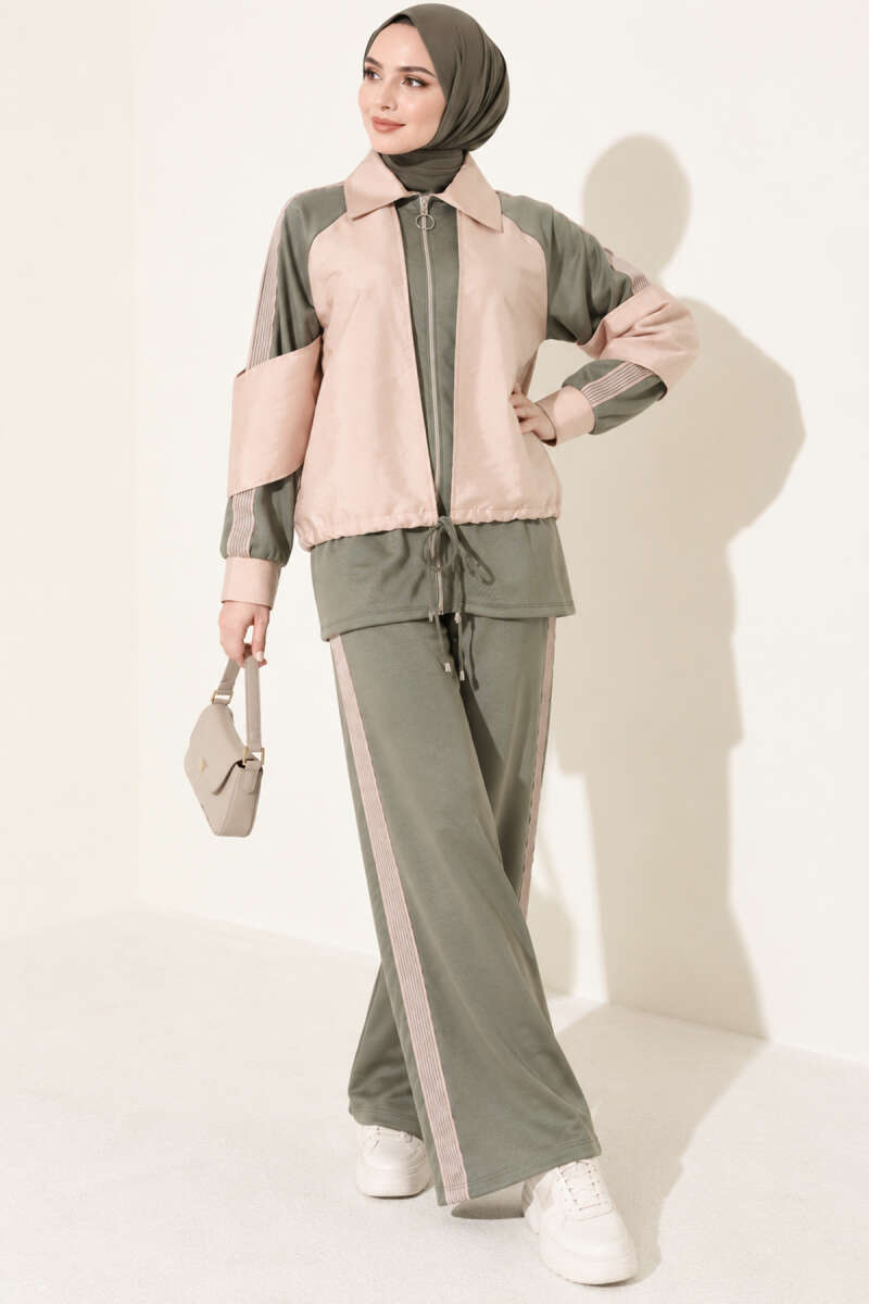 Zip-Up Two-Piece Set with Stripe Trim - Khaki