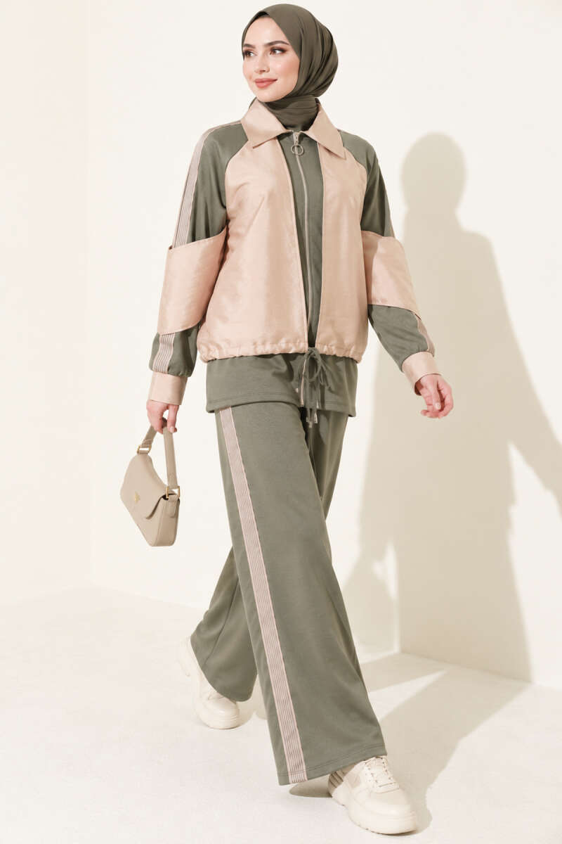 Zip-Up Two-Piece Set with Stripe Trim - Khaki