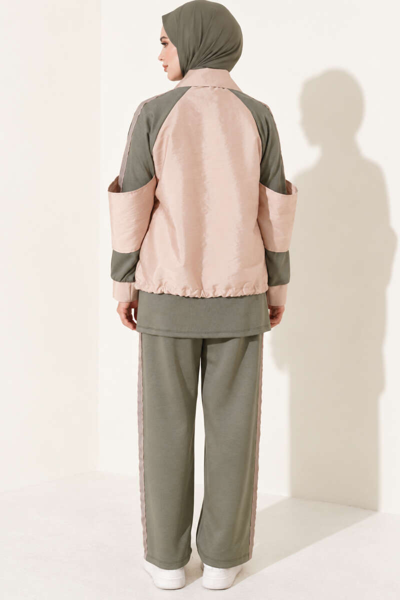 Zip-Up Two-Piece Set with Stripe Trim - Khaki