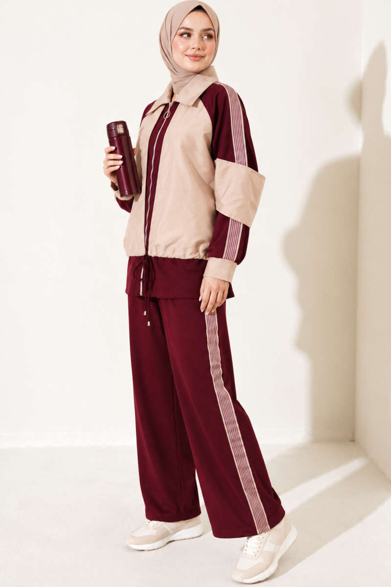 Zip-Up Two-Piece Set with Stripe Trim - Plum