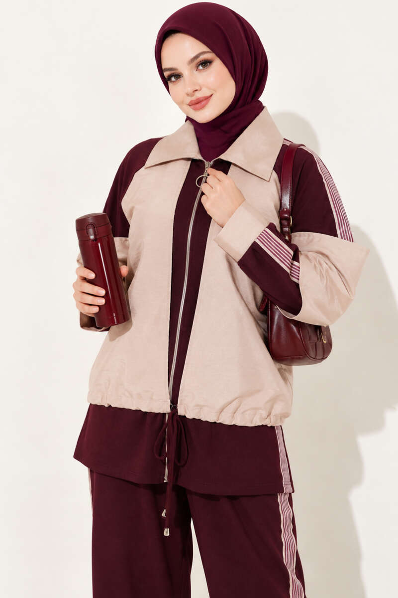 Zip-Up Two-Piece Set with Stripe Trim - Plum