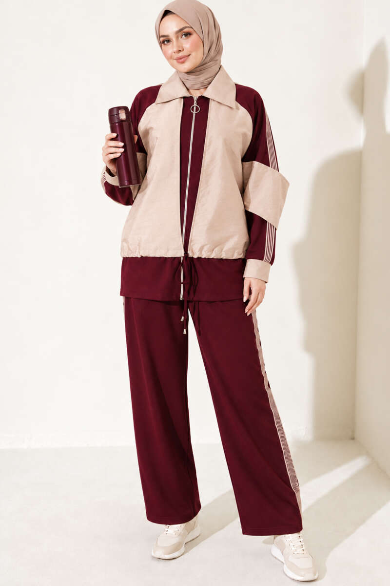 Zip-Up Two-Piece Set with Stripe Trim - Plum