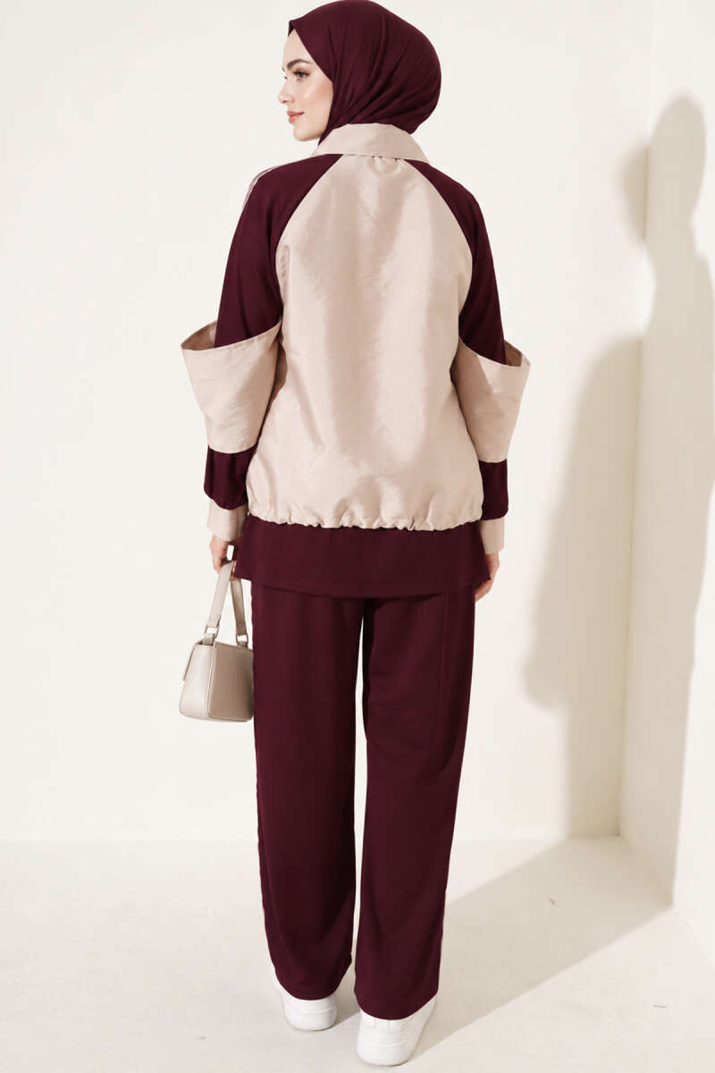 Zip-Up Two-Piece Set with Stripe Trim - Plum