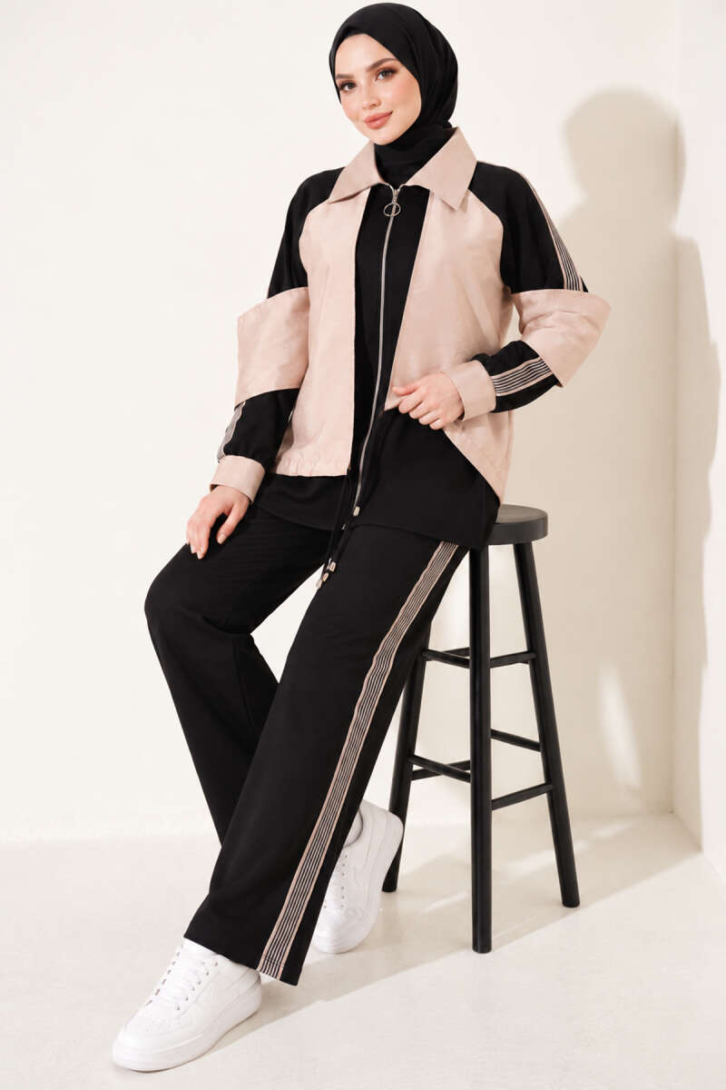 Zip-Up Two-Piece Set with Stripe Trim - Black-Beige