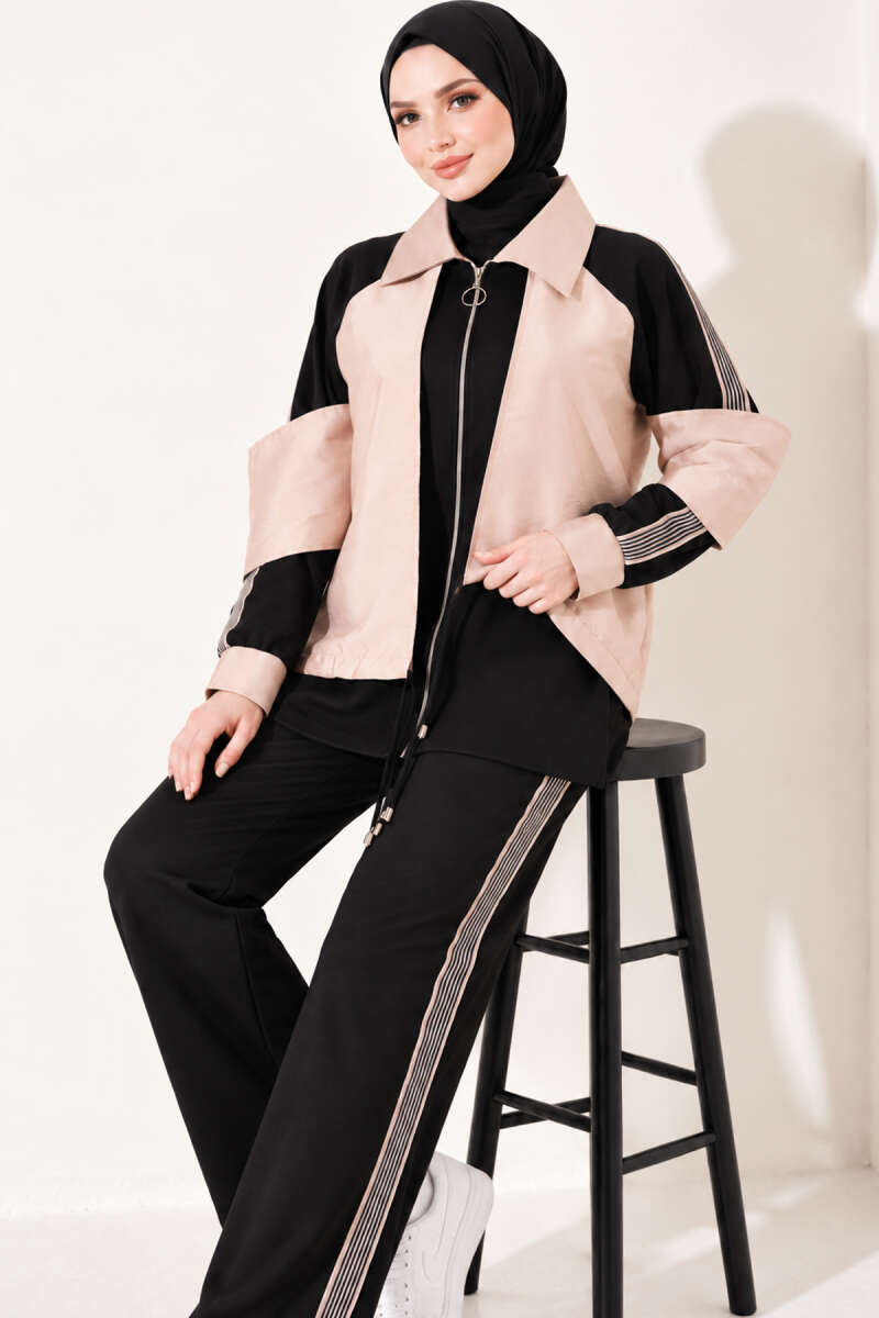 Zip-Up Two-Piece Set with Stripe Trim - Black-Beige