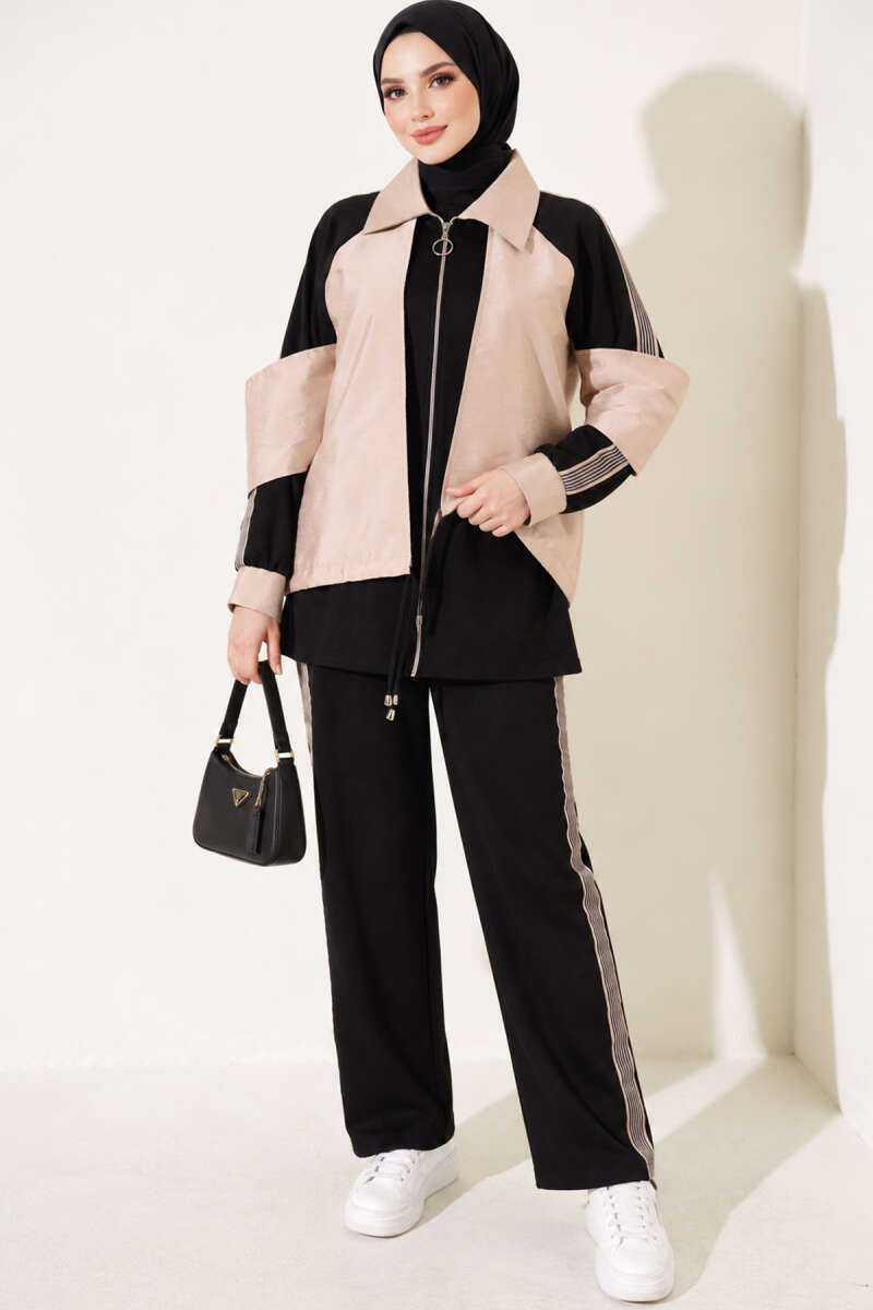 Zip-Up Two-Piece Set with Stripe Trim - Black-Beige