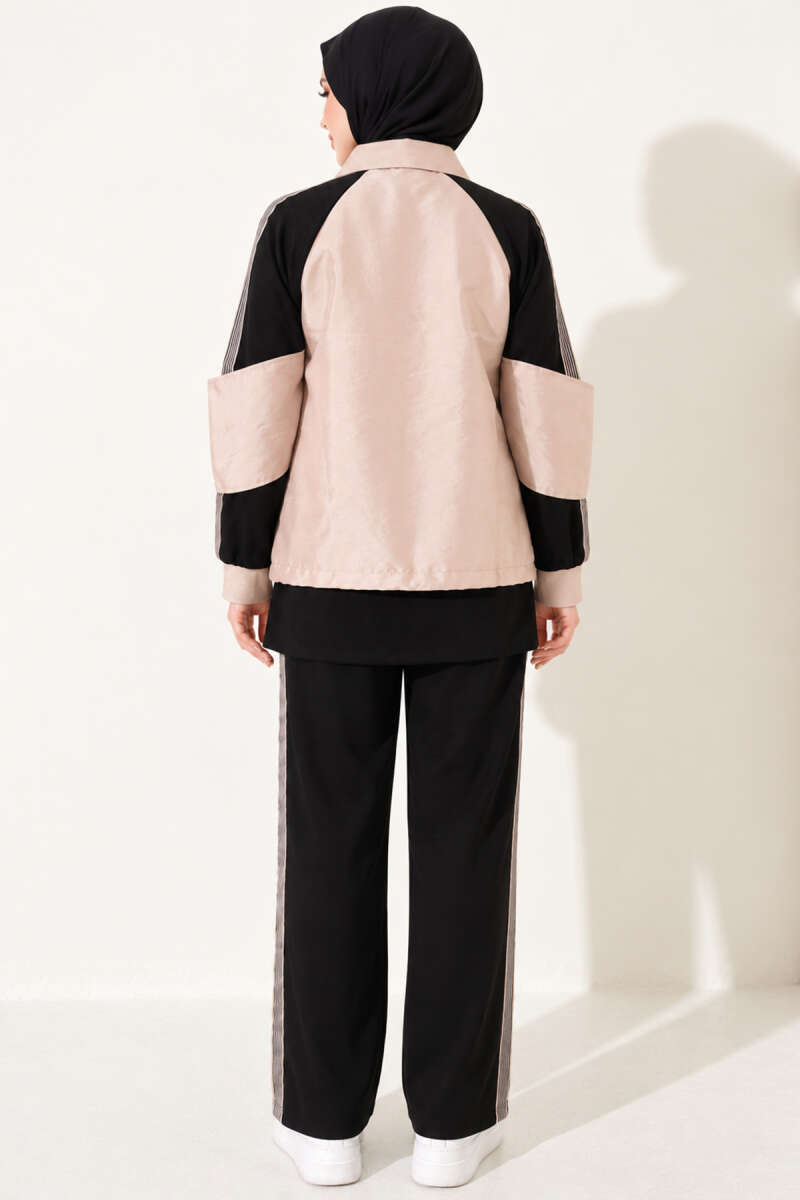 Zip-Up Two-Piece Set with Stripe Trim - Black-Beige