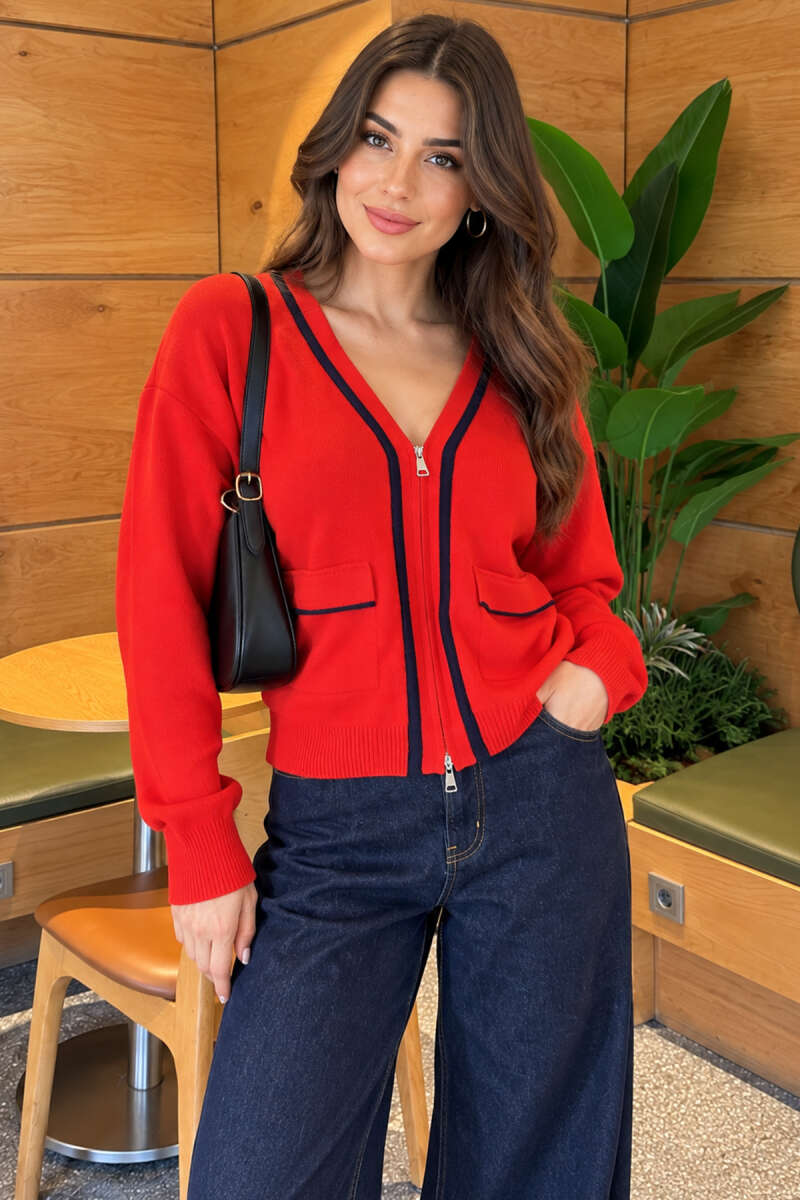 Zip-Up Striped Cardigan - Red