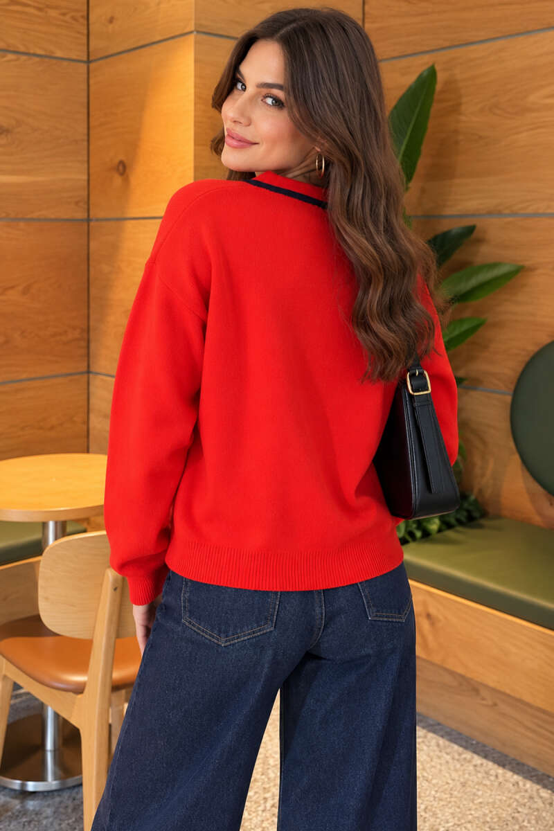 Zip-Up Striped Cardigan - Red