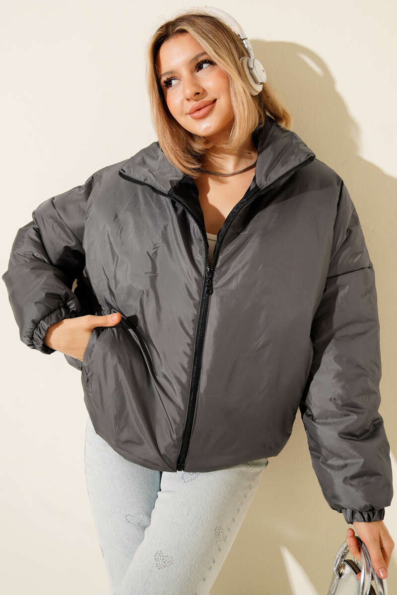 Short Zip Puffer Jacket - Smoke Grey