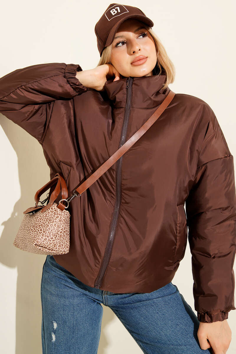 Short Zip Puffer Jacket - Brown