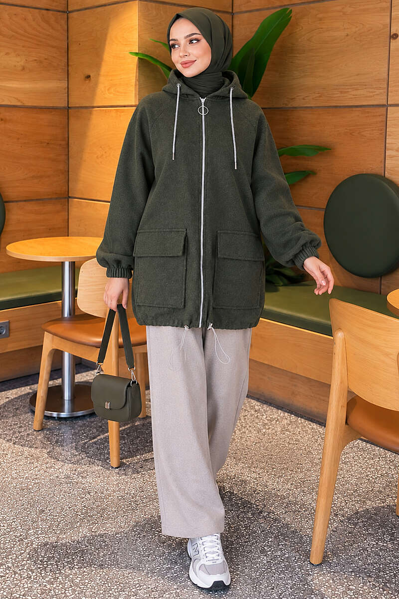 Zip-Up Cape Coat with Patch Pockets - Khaki
