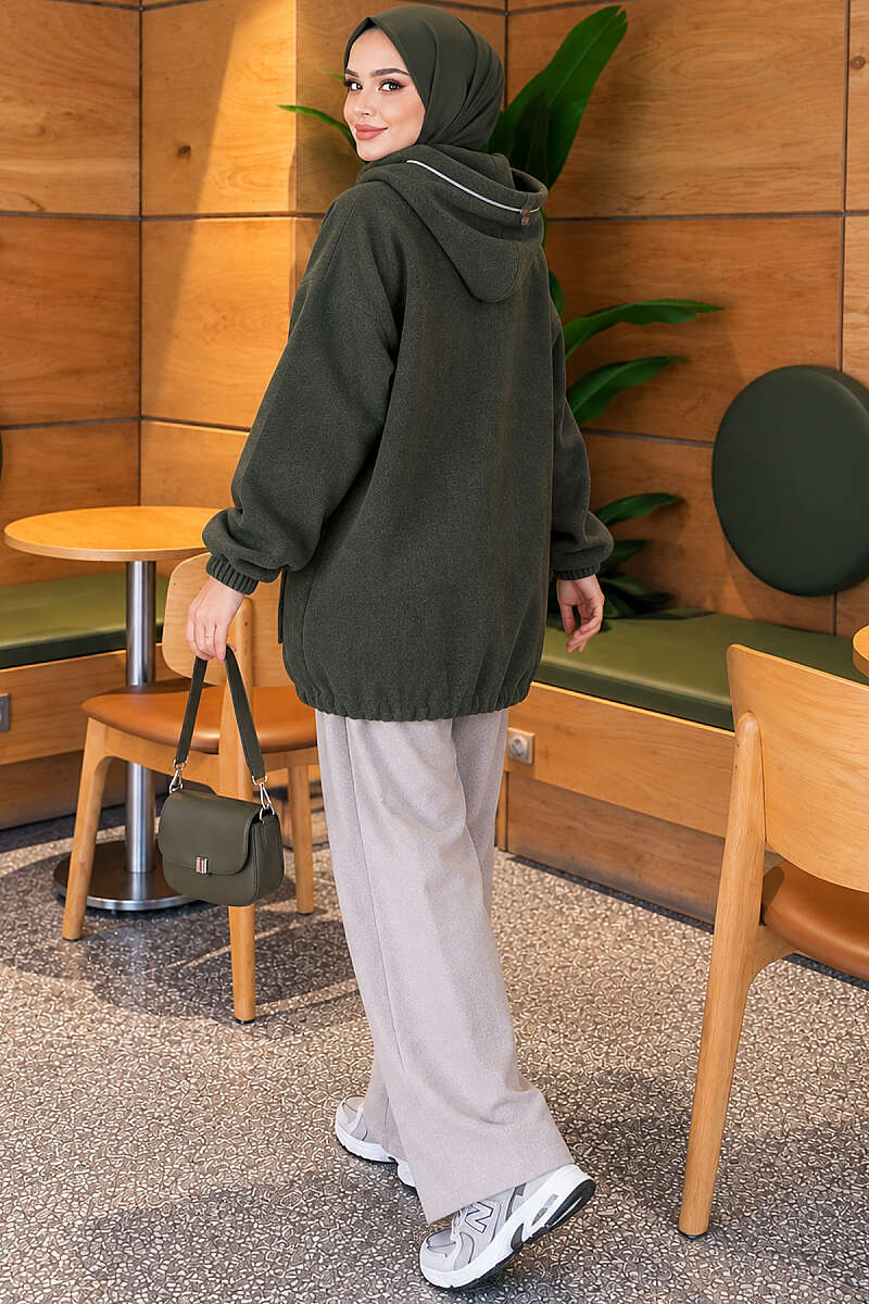Zip-Up Cape Coat with Patch Pockets - Khaki