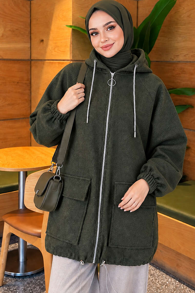 Zip-Up Cape Coat with Patch Pockets - Khaki