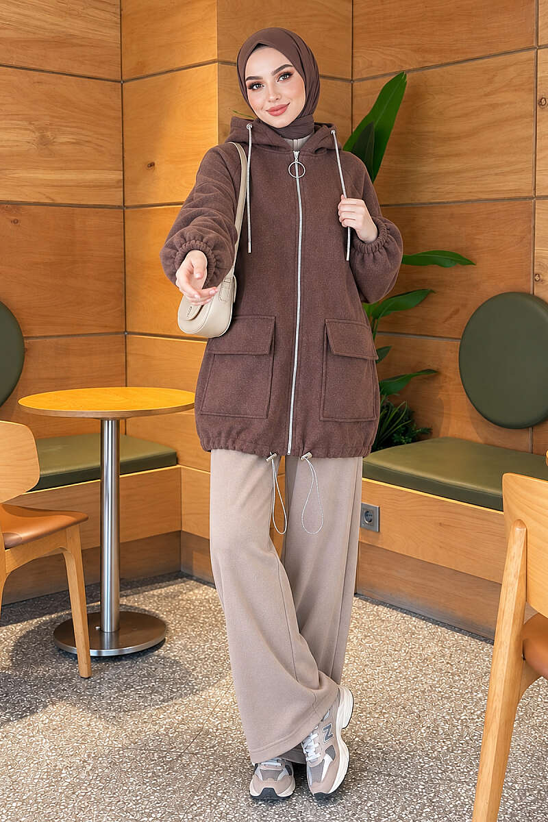 Zip-Up Cape Coat with Patch Pockets - Brown