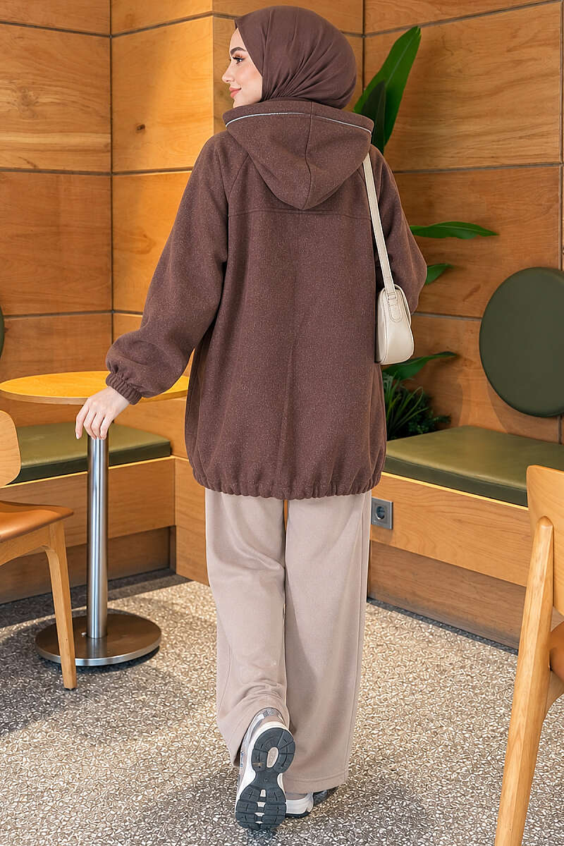 Zip-Up Cape Coat with Patch Pockets - Brown