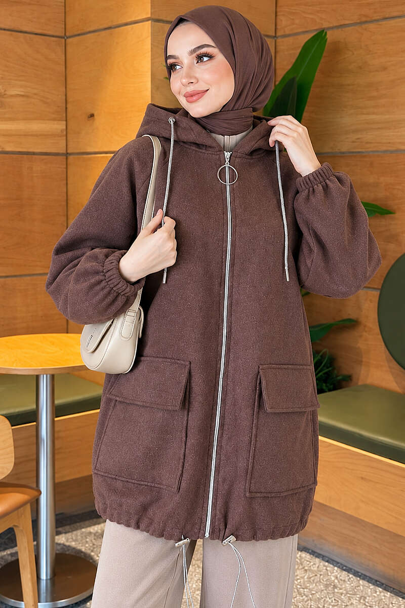 Zip-Up Cape Coat with Patch Pockets - Brown