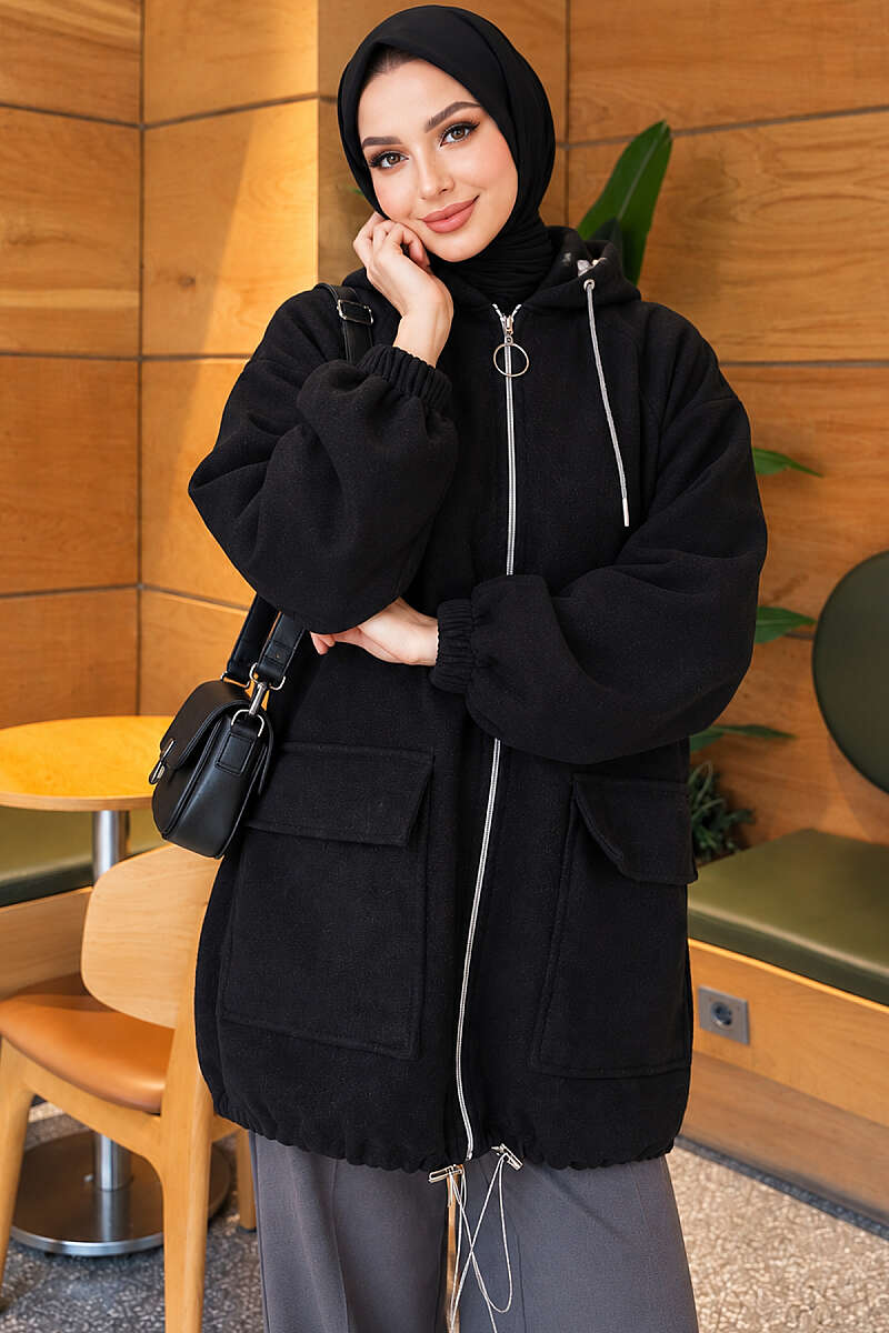 Zip-Up Cape Coat with Patch Pockets - Black