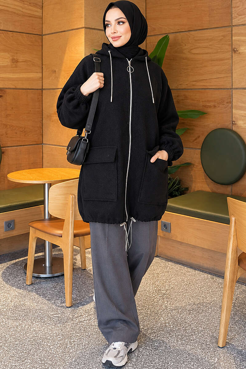 Zip-Up Cape Coat with Patch Pockets - Black